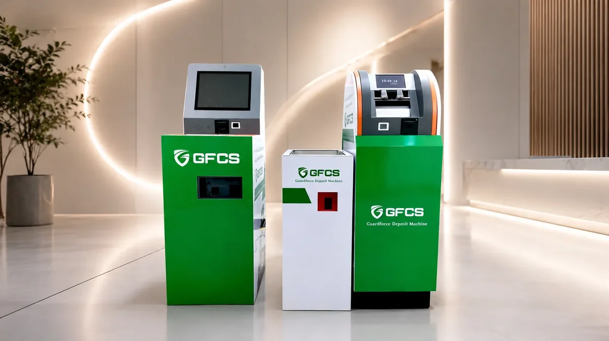 Three GFCS Smart Cash machines, green and white, standing in a bright retail interior.