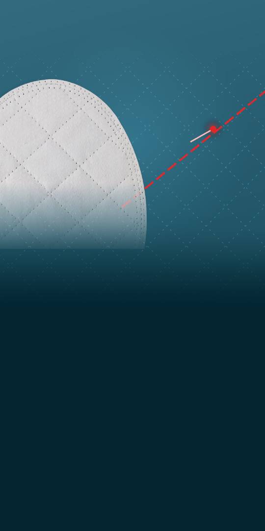 One large diamond-quilted pad of reinforced tissue matrix at the left edge of a teal field; a dashed red polymer thread runs off the right edge, with a small red knot
