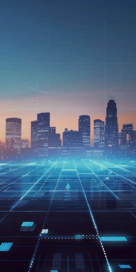 City skyline at dusk over a glowing data grid